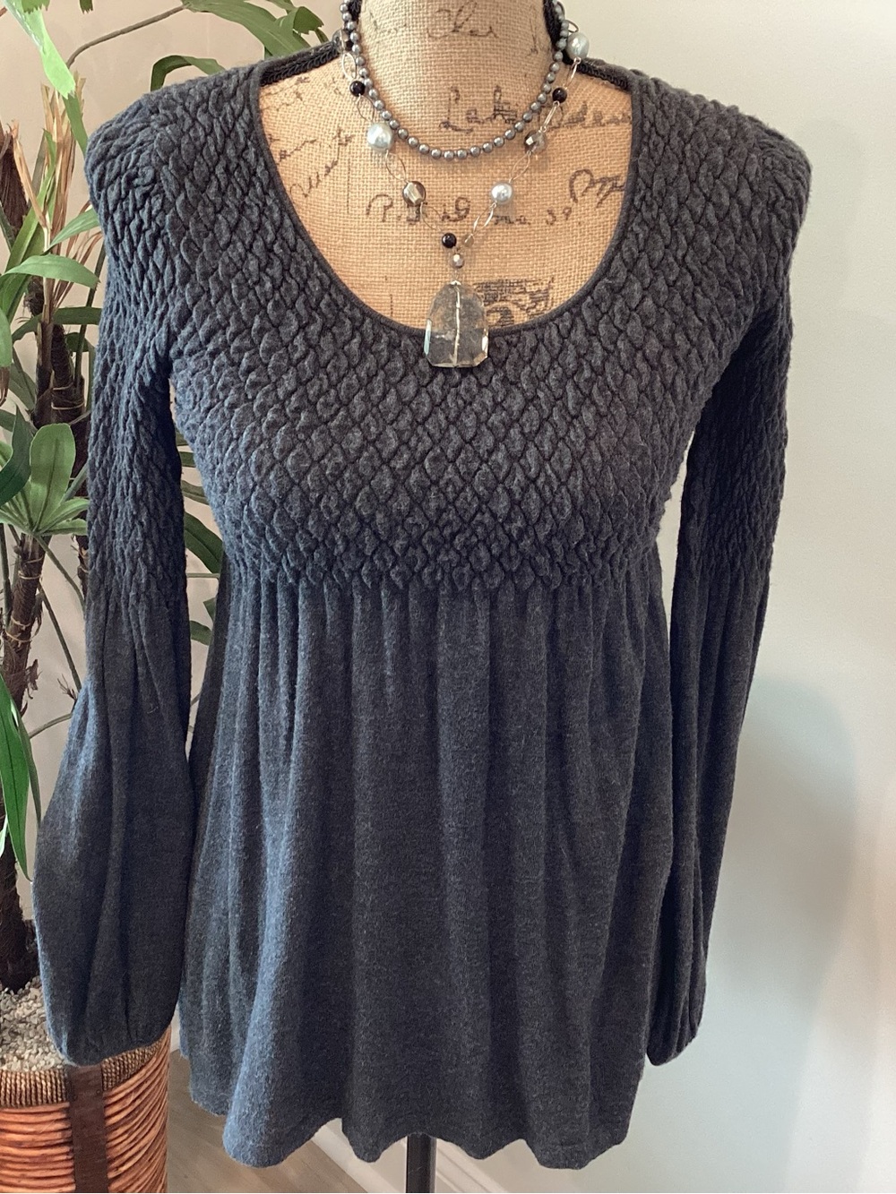 Max Studio Charcoal Smocked Knit Women's Top